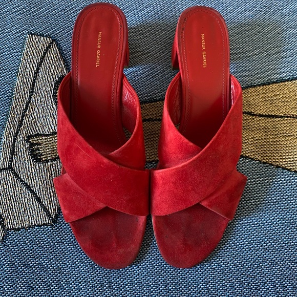 Mansur Gavriel Cross Strap Suede Red Mule Shoe - Picture 2 of 7